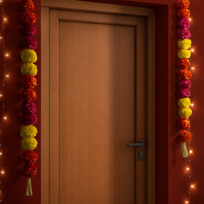IKEA AROMATISK paper flower garland decorating a wooden door for festive décor