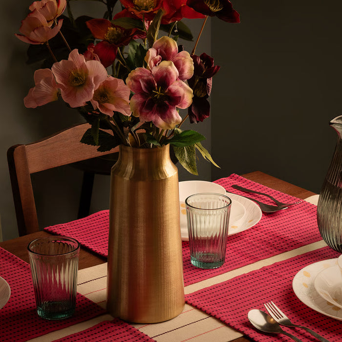IKEA AROMATISK gold vase on festive dining table with colourful flowers