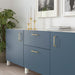 Blue cabinet with gold handles in a room with a plant and framed pictures.