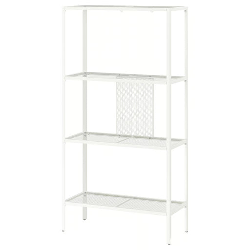 IKEA BAGGEBO white metal shelving unit with four mesh shelves minimalist design front view #60483873