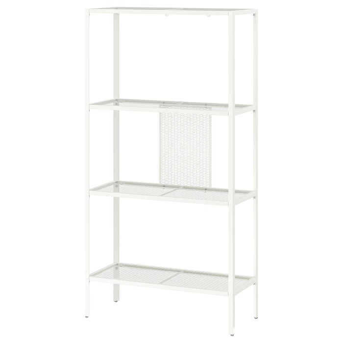 IKEA BAGGEBO white metal shelving unit with four mesh shelves minimalist design front view #60483873