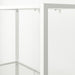 Close-up of IKEA BAGGEBO white metal frame and mesh shelf detailing sleek minimalist finish