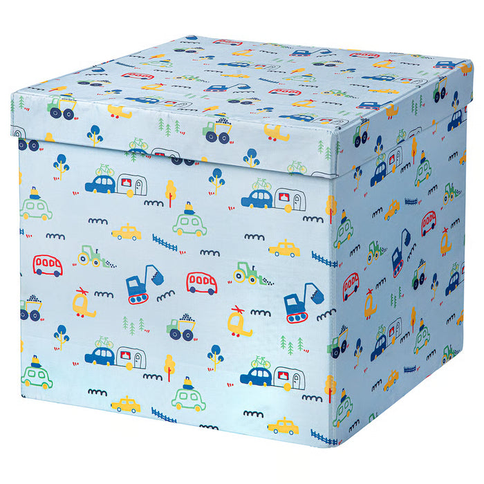 IKEA BARNDRÖM foldable kids storage box with lid, blue vehicle print #40641449