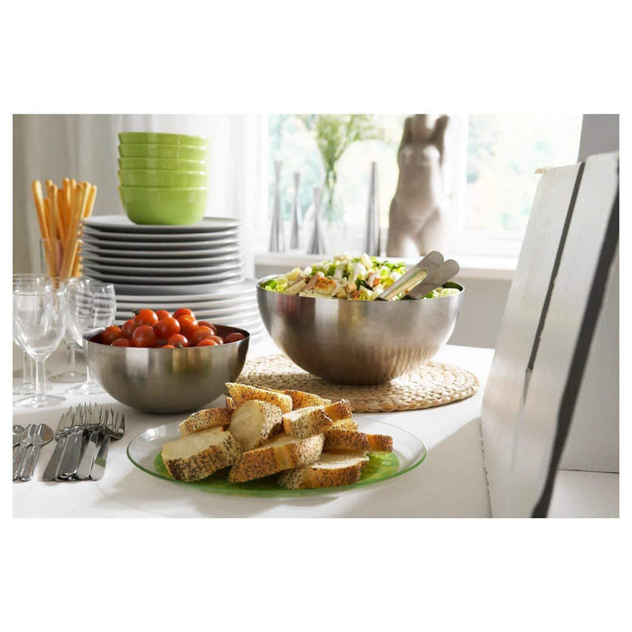 IKEA BLANDA BLANK Serving bowl, stainless steel, 20 cm with OSTBIT Serving tong, bamboo