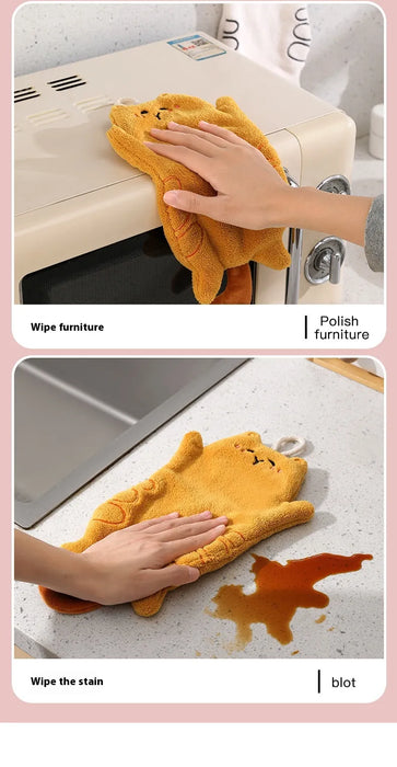 Digital Shoppy Cute Kitten Coral Fleece Hand Towel – Hanging Quick-Dry Kitchen Scarf Beige
