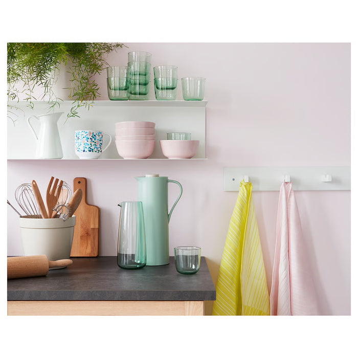 IKEA BEHÖVD green vacuum flask styled on kitchen counter with matching green glassware and utensils