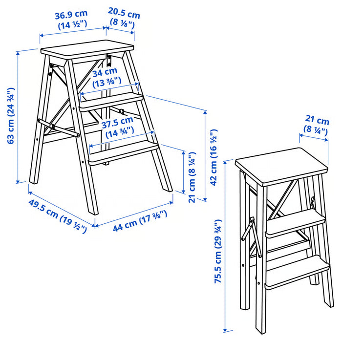 IKEA BEKVÄM step stool beech dimensions illustration showing width height and folded measurements
