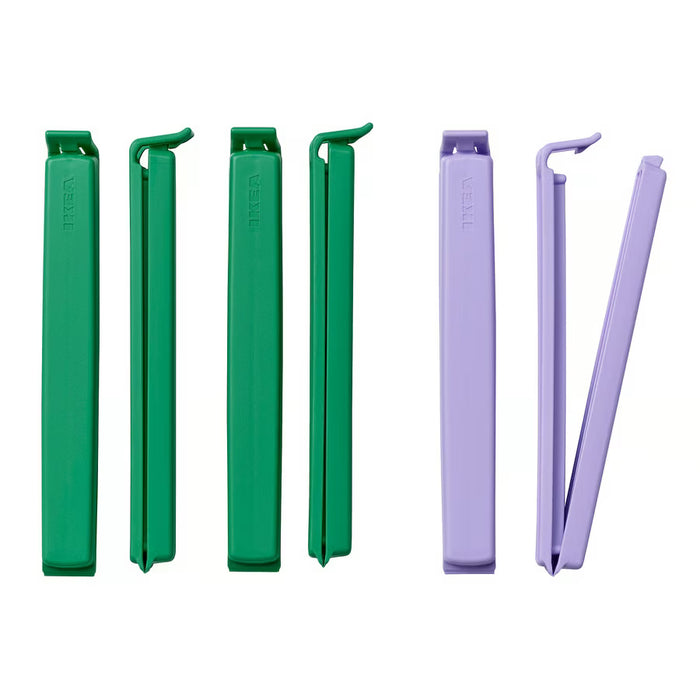 : IKEA BEVARA sealing clip green and lilac 6 pack on white background #10625484