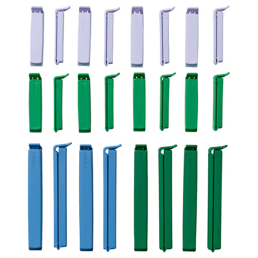  IKEA BEVARA sealing clips set of 24 mixed colours blue green white two sizes displayed on white background #60625486
