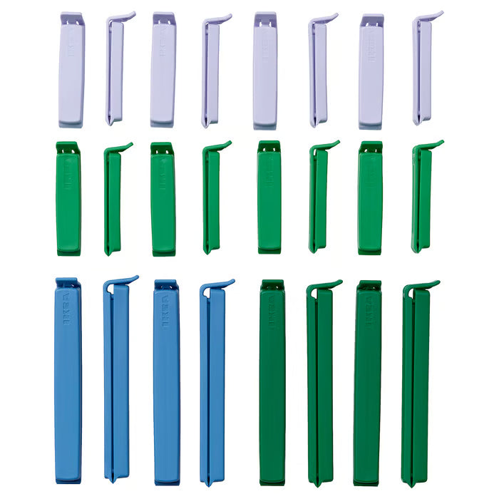 IKEA BEVARA sealing clips set of 24 mixed colours blue green white two sizes displayed on white background #60625486