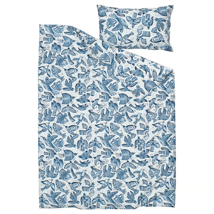 IKEA BITTERSÖTA duvet cover and pillowcase set, white with blue bird print, flat lay