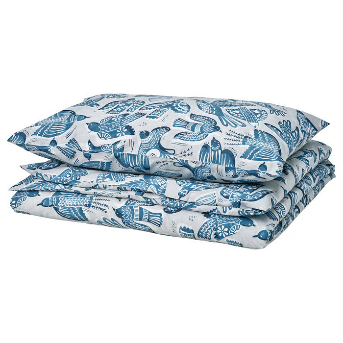  IKEA BITTERSÖTA duvet cover and pillowcase, grey/blue bird print, folded #00620986