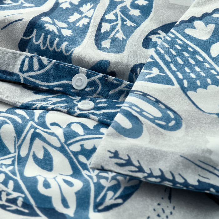 IKEA BITTERSÖTA duvet cover press-stud closure detail, grey/blue bird print fabric