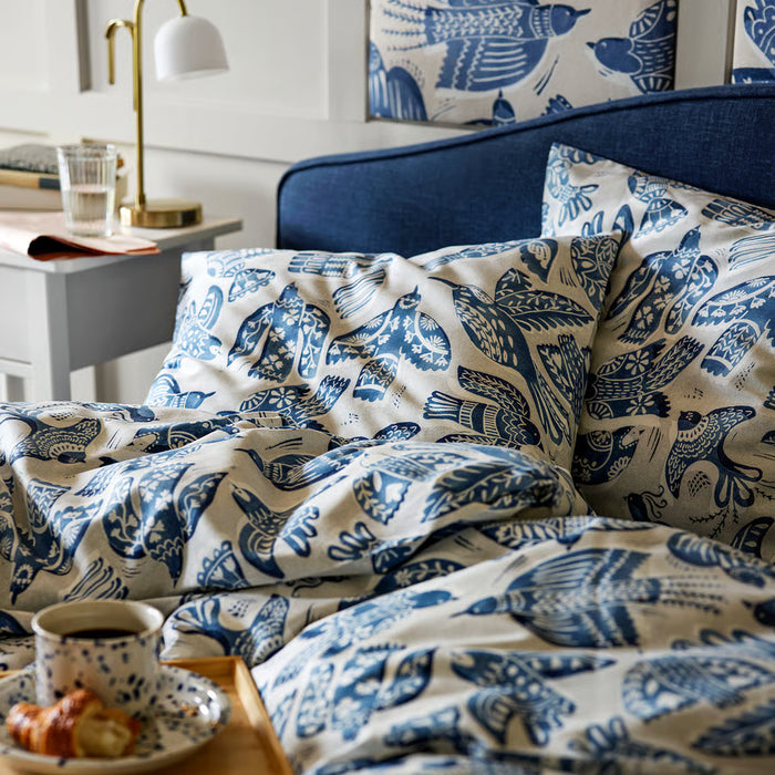 IKEA BITTERSÖTA duvet cover on bed, grey/blue bird print, cosy bedroom styling