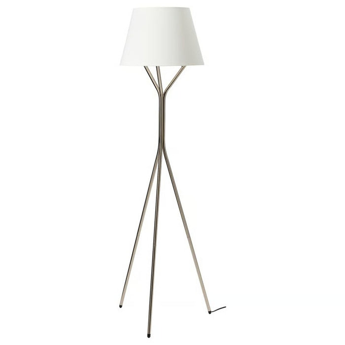 Modern BLÄNKFYR floor lamp in shiny nickel finish, featuring an arched design with a white drum shade, perfect for adding stylish ambient lighting to any room.