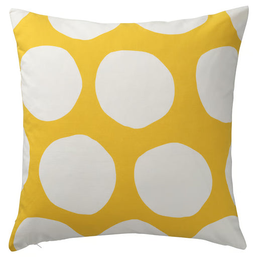 IKEA BLÅMUNKAR yellow cushion cover with large white dots, 50x50cm, front view #40599638