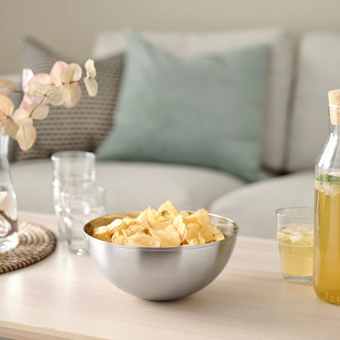 IKEA BLANDA BLANK stainless steel bowl with snacks on table with drinks and flowers