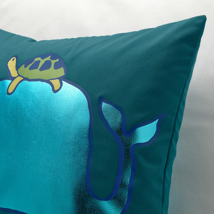 IKEA BLÅVINGAD cushion cover shimmering blue green yellow underwater motif close view