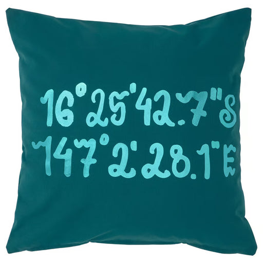 IKEA BLÅVINGAD cushion cover close-up teal fabric with ocean coordinate motif