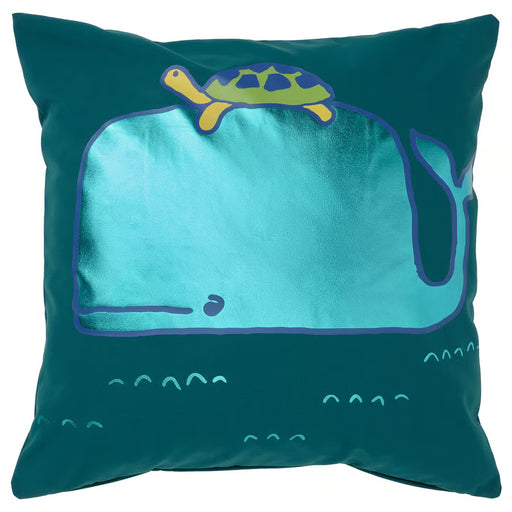 IKEA BLÅVINGAD cushion cover whale and turtle pattern blue-green square design #505.340.81