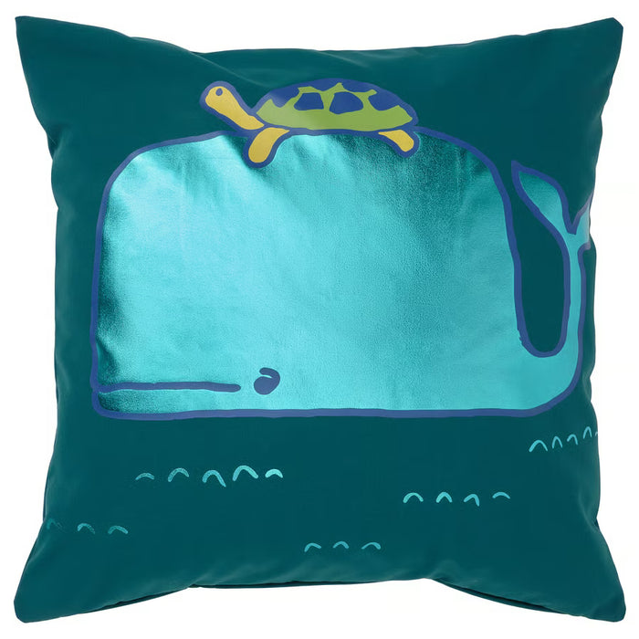 IKEA BLÅVINGAD cushion cover whale and turtle pattern blue-green square design #505.340.81