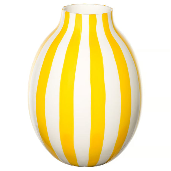 IKEA BLODBJÖRK striped white and yellow stoneware vase, round shape, standalone product shot #00607305