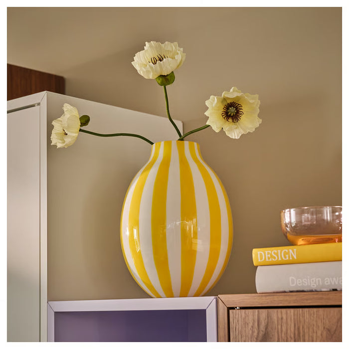 IKEA BLODBJÖRK Striped Vase — Hand-Painted White/Yellow | 25cm Decor Piece