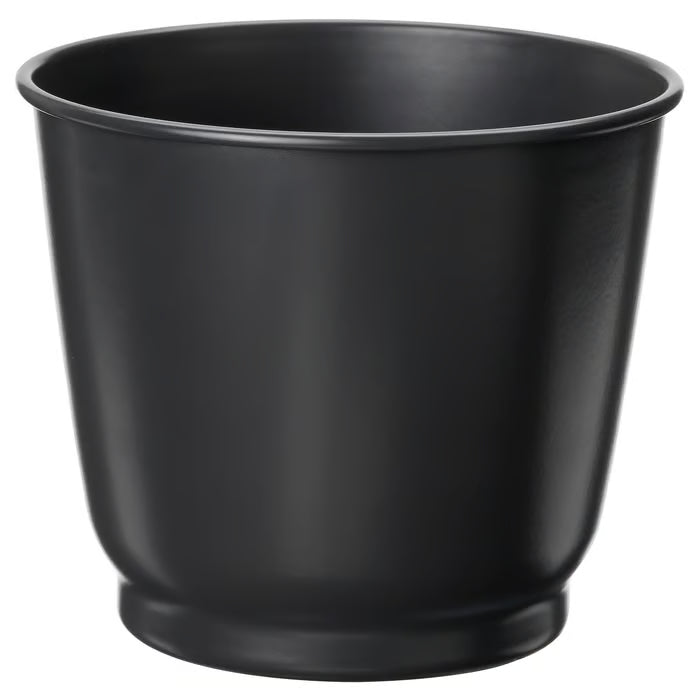 IKEA BROKTRAST dark grey metal plant pot 9cm with small green plant indoors #00635394