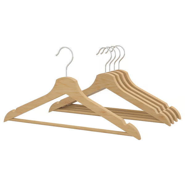IKEA BUMERANG natural solid wood clothes hangers pack of 5 stacked with chrome hook #80277834