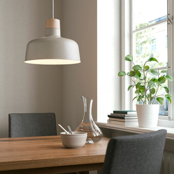 IKEA BUNKEFLO Beige/Birch Pendant Lamp hanging in a room, 36 cm (14 inches) 70510791