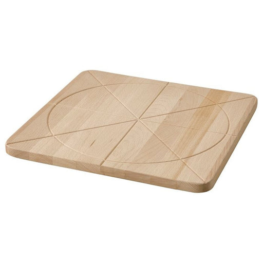 A bamboo chopping board from IKEA with a handle for easy carrying.-80570671