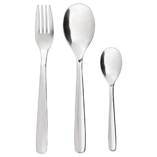 Set of silver cutlery including a fork, two spoons on a white background
