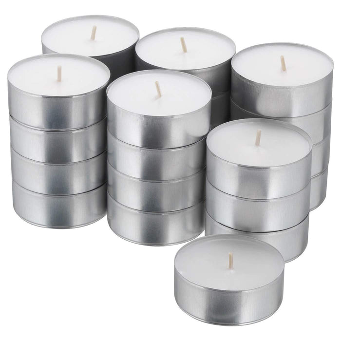 IKEA SKURAR Candle Holder, White, 11 cm (4 ").with GLIMMA Unscented Candle in Metal Cup - Pack of 24