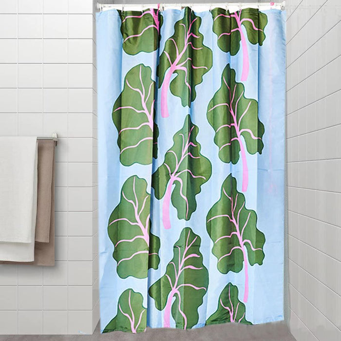 IKEA BASTUA Shower curtain, leaf pattern blue/green, 180x200 cm with VIKARN Shower Curtain Rod, White