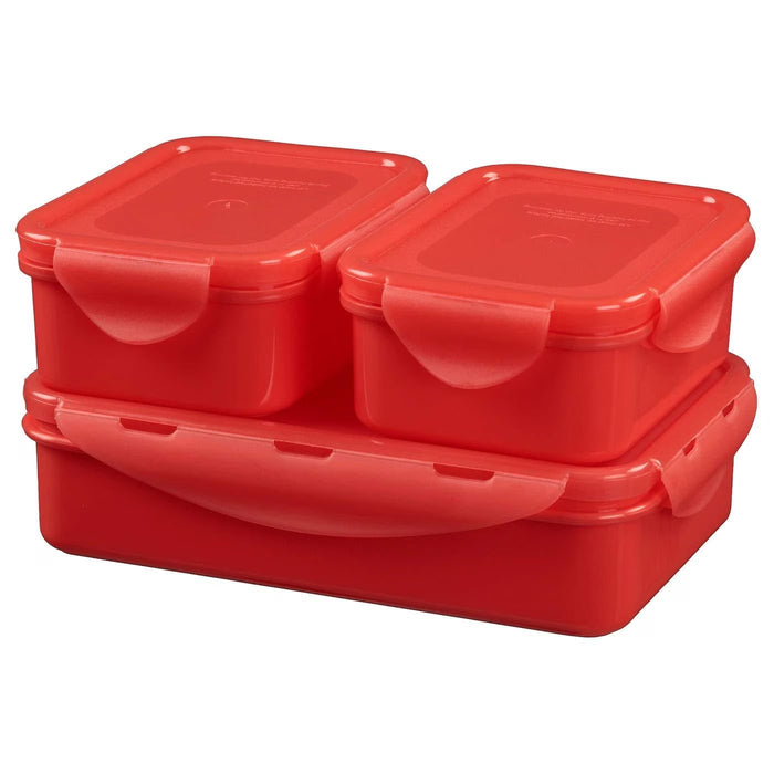 IKEA FULLASTAD red lunch box set of 3 with snap-lock lids and removable insert top view #60415389