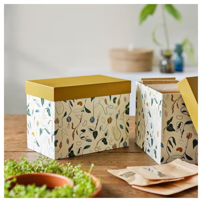 IKEA DAKSJUS Box with lid, set of 2, sprout patterned off-white/yellow-brown