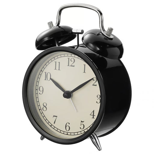  IKEA DEKAD black silent quartz alarm clock white dial twin bells front view 10cm #10540480
