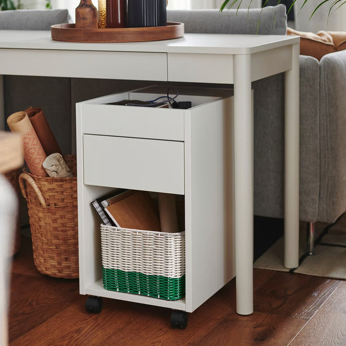 IKEA DJURTRÄNARE handwoven basket in white and green, 25x35x19 cm, ideal for organizing items indoors or outdoors.

