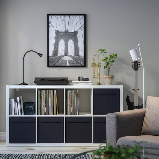 IKEA DRÖNA black storage box in modern living room with KALLAX unit books and vinyl records