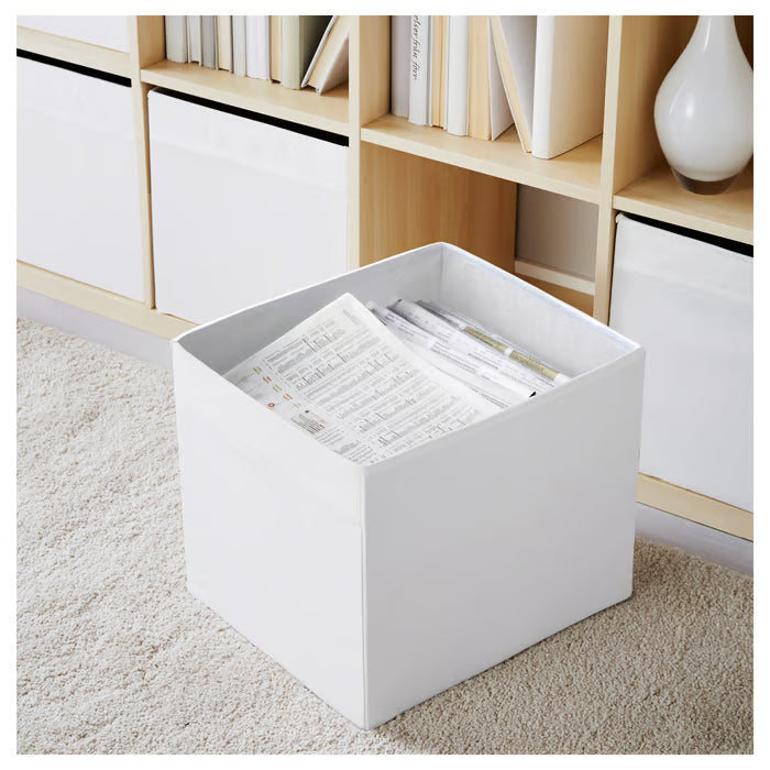 IKEA DRÖNA white storage box angled side view showing structured shape and depth