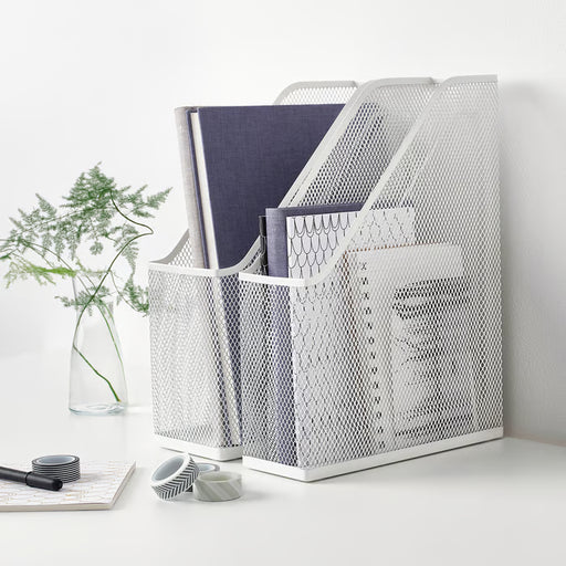 IKEA DRÖNJÖNS white mesh magazine holder showing cut-out handle for easy shelf access
