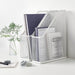 IKEA DRÖNJÖNS white mesh magazine holder showing cut-out handle for easy shelf access