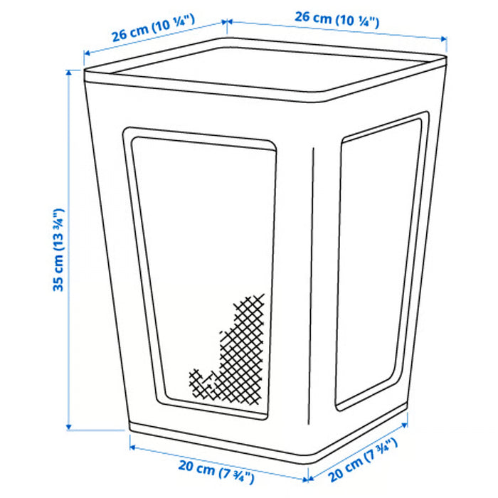 Measurement diagram of the IKEA DRÖNJÖNS wastepaper basket showing width, depth and height