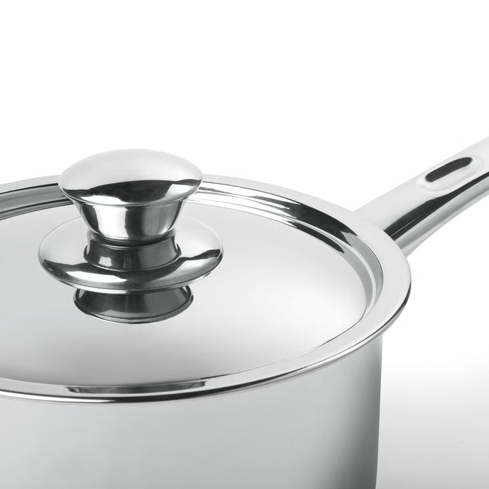 Close-up of IKEA DVÄRGKRÄFTA stainless steel saucepan with sturdy riveted handle and reflective interior