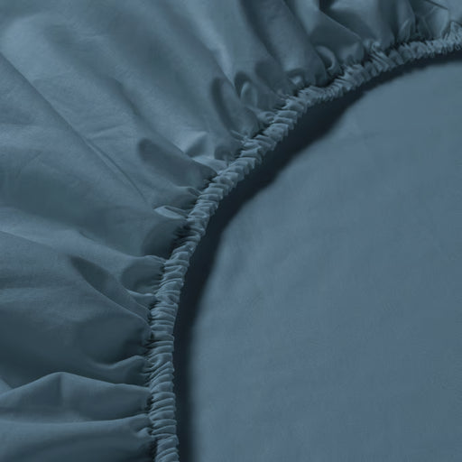 Close-up of blue IKEA DVALA fitted sheet showing cotton texture and fabric weave