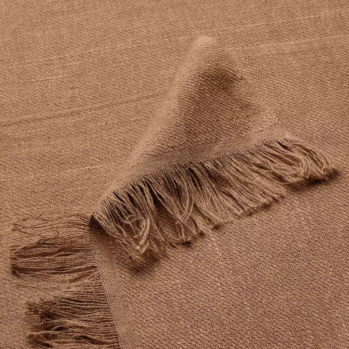 "Close-up of IKEA DYTÅG light brown throw blanket showing detailed fringed edges"
