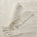 "Close-up of IKEA DYTÅG off-white throw blanket showing detailed fringed edges"