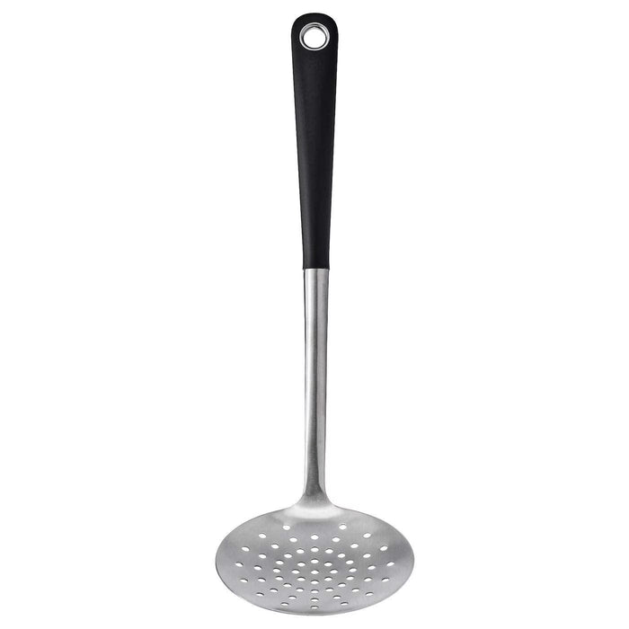 IKEA HJÄLTE skimmer stainless steel black with non-slip silicone handle front view #50161590