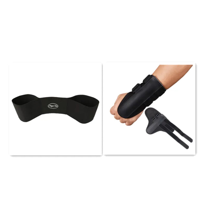 Black wrist support band with logo in the center, featuring durable fabric and adjustable straps for secure wear.

