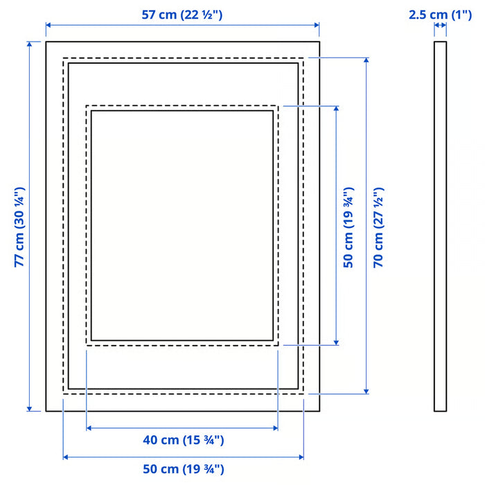 Diagram of IKEA EDSBRUK white frame, 50x70 cm (19 ¾x27 ½"); outer dimensions 57x77 cm (22 ½x30 ¼") with 2.5 cm (1") depth – includes inner frame measurements for artwork and mat placement - 40427331